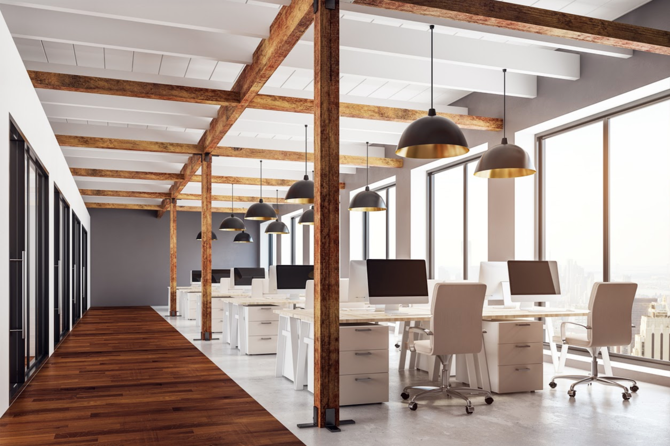 Rustic elements incorporated throughout the space in the office